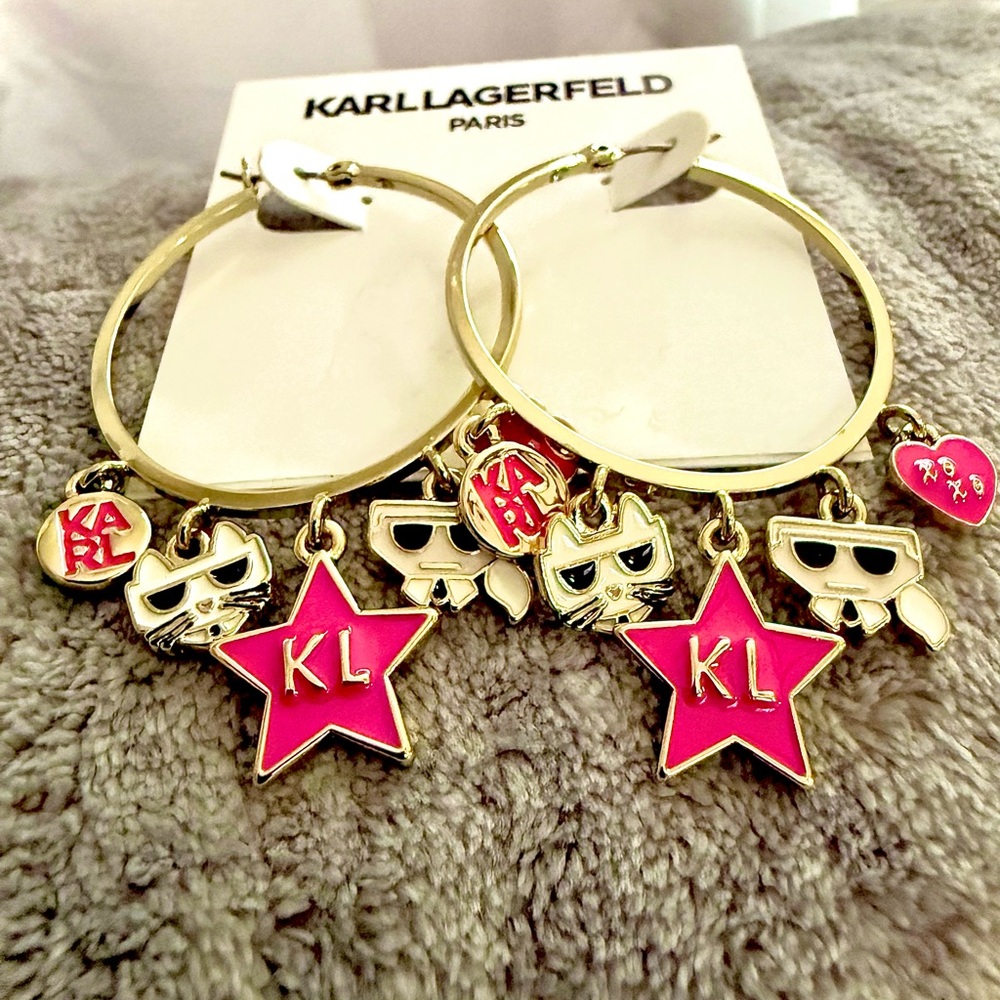 Karl Lagerfeld Gold Hoop Earrings with Hot Pink Star & Charms